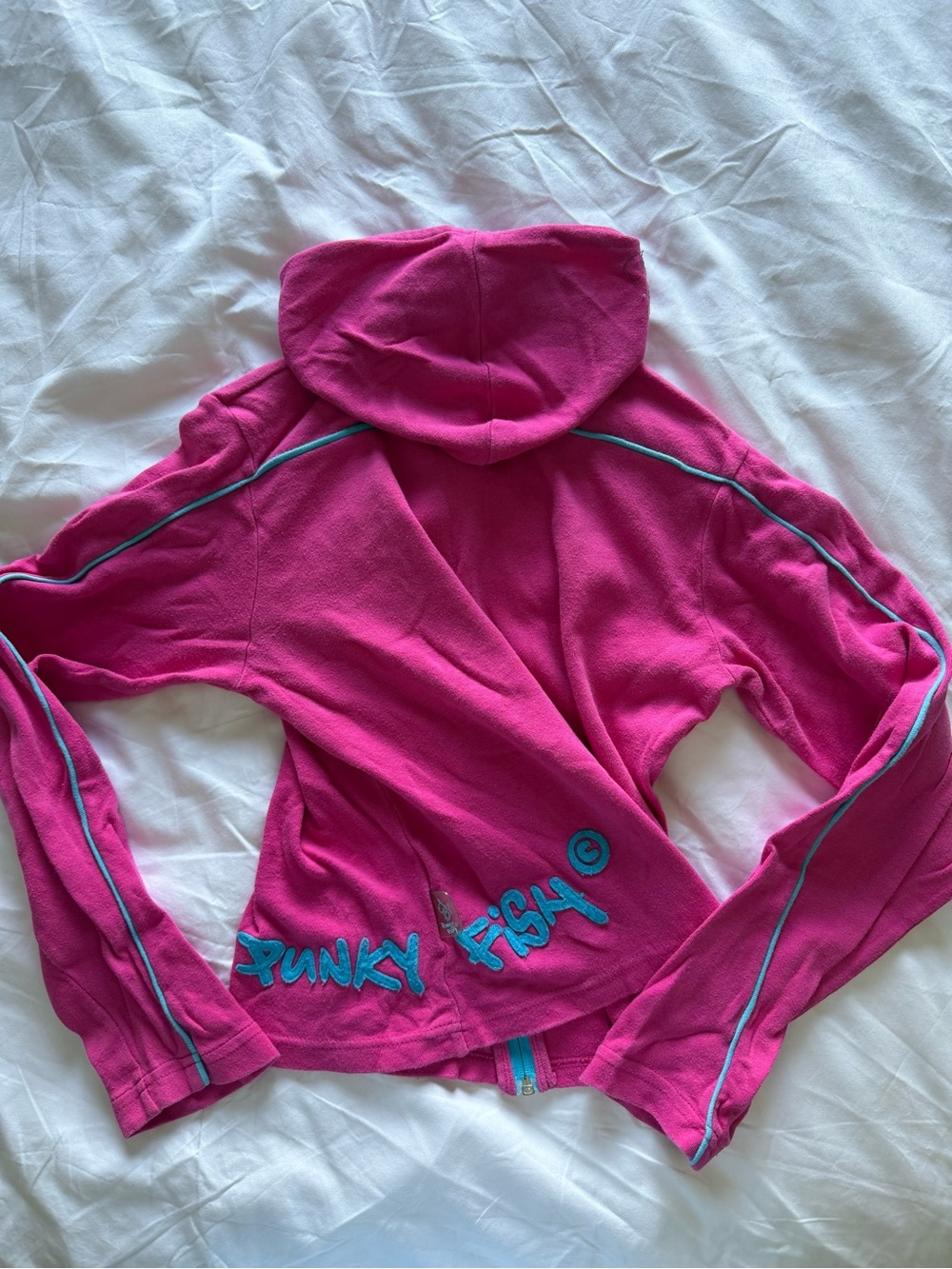 Vintage Y2K Punky Fish Full Zip Hoodie Pink Blue Embroidered Logo Trim Small